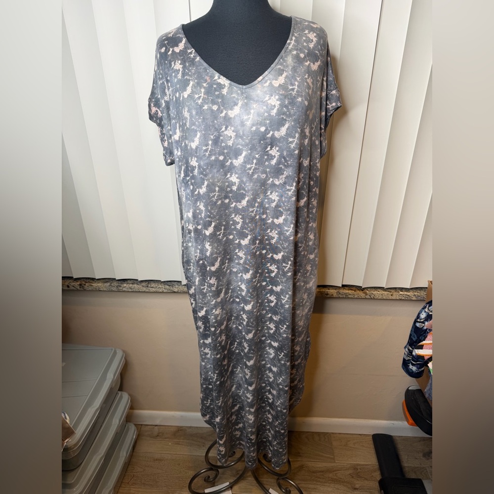 Wishlist Gray Tie-Dye V-Neck Maxi Relaxed Fit Lagenlook Dress Size S/M
